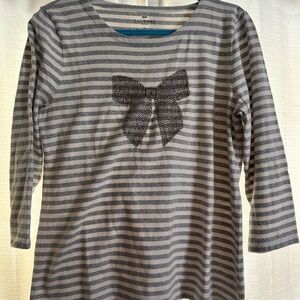 Talbots Long Sleeve Gray Striped Tee with Bow